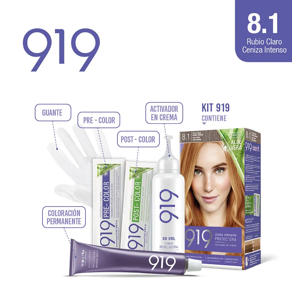 919 Kit tintura permanente 919 nº 8.1 rubio claro ceniza intenso 1 u.