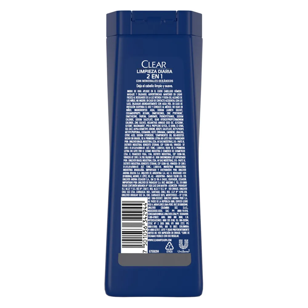 Clear Shampoo 2 en 1 Anticaspa Clear Limpieza Diaria x 200 ml